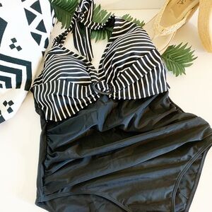 Cocoship Halter Black Strip Rouched Swimsuit 14